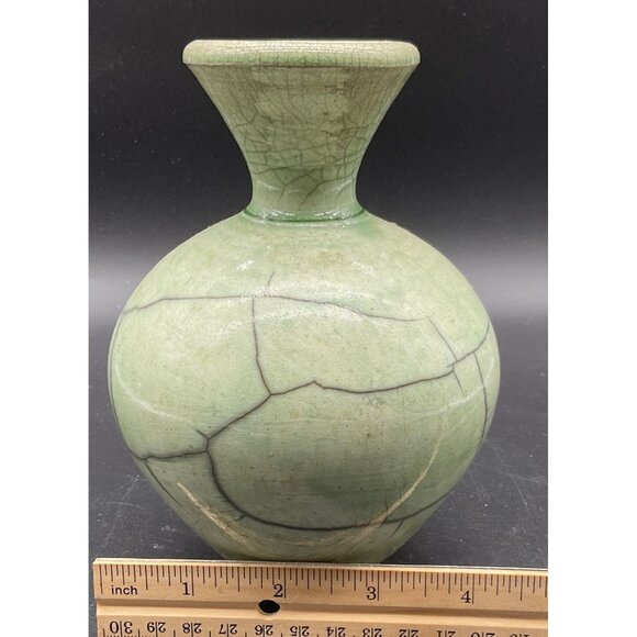 Raku Green Hand Turned Vase Signed By Romans 2021 - Picture 4 of 7